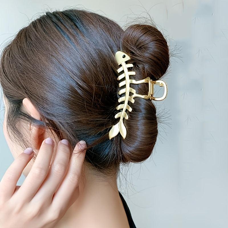 Golden Fish Bone Hair Claw Clip Large Metal Hair Jaw Clamps Nonslip Hair Clip