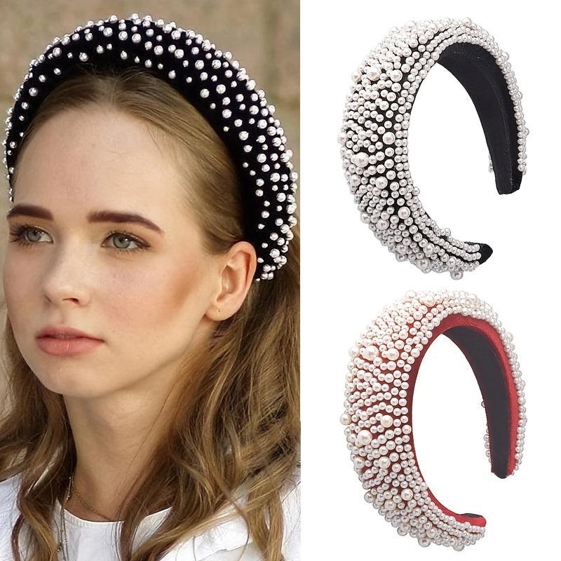 Faux Pearl Sponge Hair Hoop Velvet Colorful Wide Brim Headband