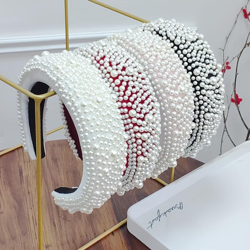 Faux Pearl Sponge Hair Hoop Velvet Colorful Wide Brim Headband