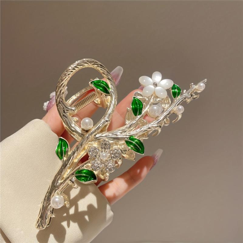 Golden Metal Hair Claw Flower Leaf Jaw Clip Nonslip Hair Clamp