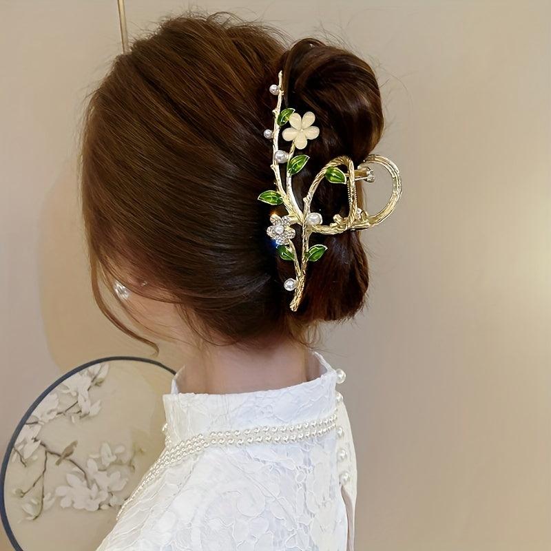 Golden Metal Hair Claw Flower Leaf Jaw Clip Nonslip Hair Clamp