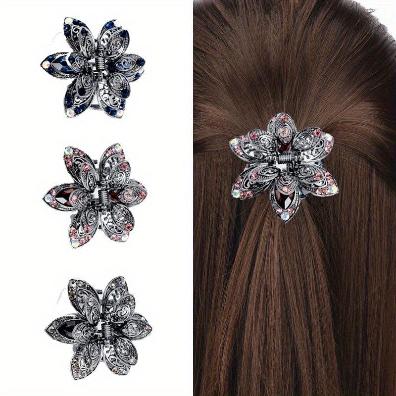 3pcs Flower Small Hair Claw Rhinestone Decor Hair Claw Clip