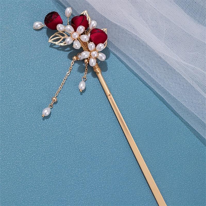 Faux Pearl Flower Hairpin Rose Hair Stick Ponytail Holder Hair Accessories
