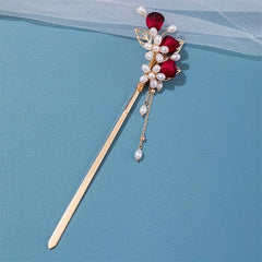 Faux Pearl Flower Hairpin Rose Hair Stick Ponytail Holder Hair Accessories