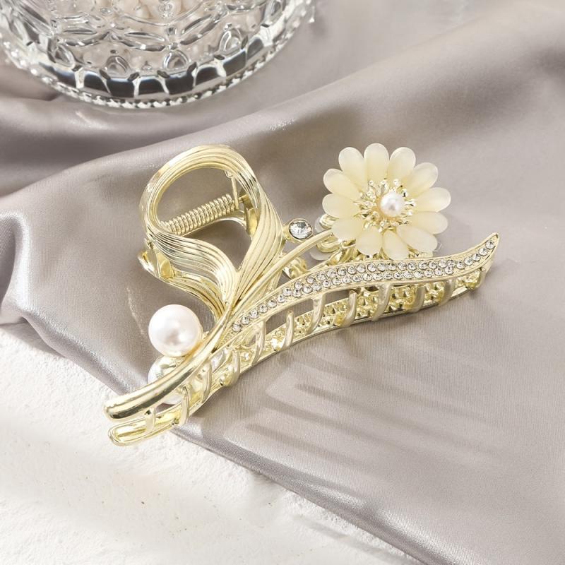 Flower Pearl Rhinestone Hair Grab Strong Hold Grip Hair Jaw Clip For Thick Hair