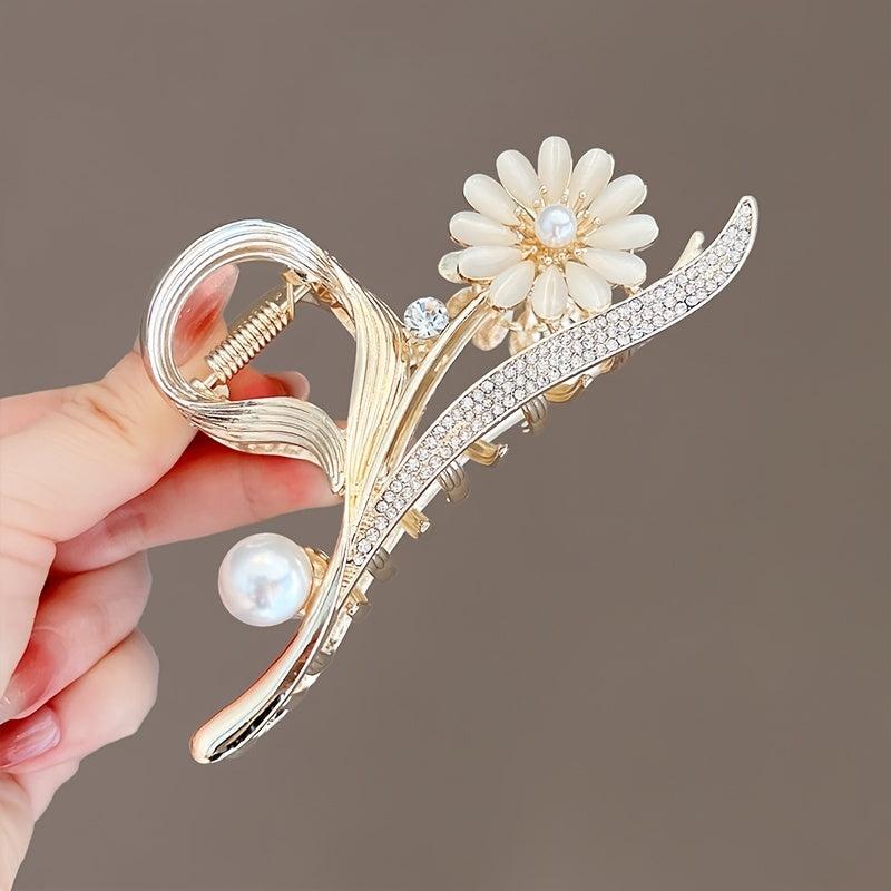 Flower Pearl Rhinestone Hair Grab Strong Hold Grip Hair Jaw Clip For Thick Hair