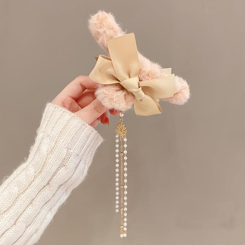 Plush Bow Tassel Hairpin Claw Clip Back Head Grab Clip Female Hairpin