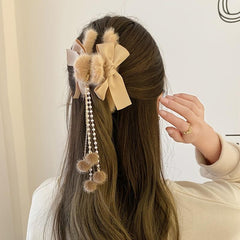 Plush Bow Tassel Hairpin Claw Clip Back Head Grab Clip Female Hairpin