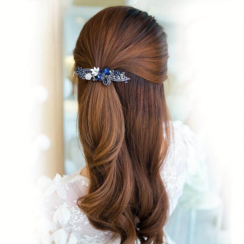 Vintage Rhinestone Flower Hair Clip French Barrette Faux Pearl Head Jewelry