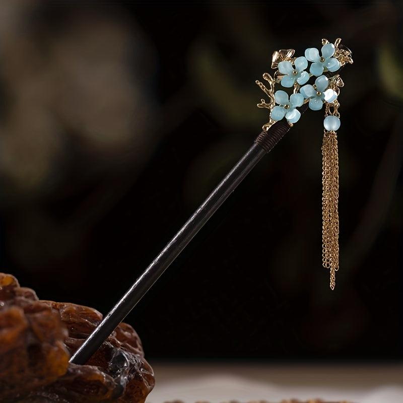 Flower Chinese Style Hairpin Golden Chain Pendant Wooden Hair Stick Ponytail Hol