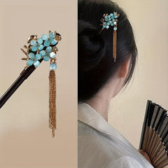 Flower Chinese Style Hairpin Golden Chain Pendant Wooden Hair Stick Ponytail Hol