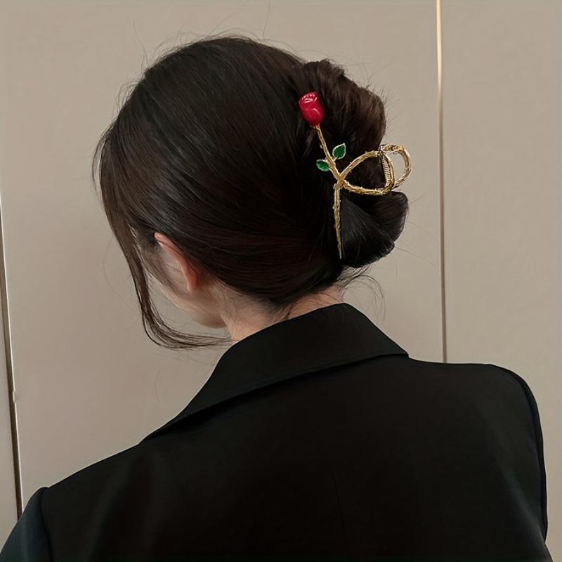 Red Rose Hair Claw Clip Golden Metal Non Slip Strong Hold Grip Hair Jaw Clip