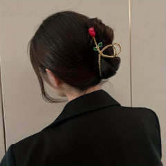 Red Rose Hair Claw Clip Golden Metal Non Slip Strong Hold Grip Hair Jaw Clip