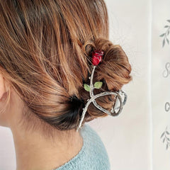 Red Rose Hair Claw Clip Golden Metal Non Slip Strong Hold Grip Hair Jaw Clip