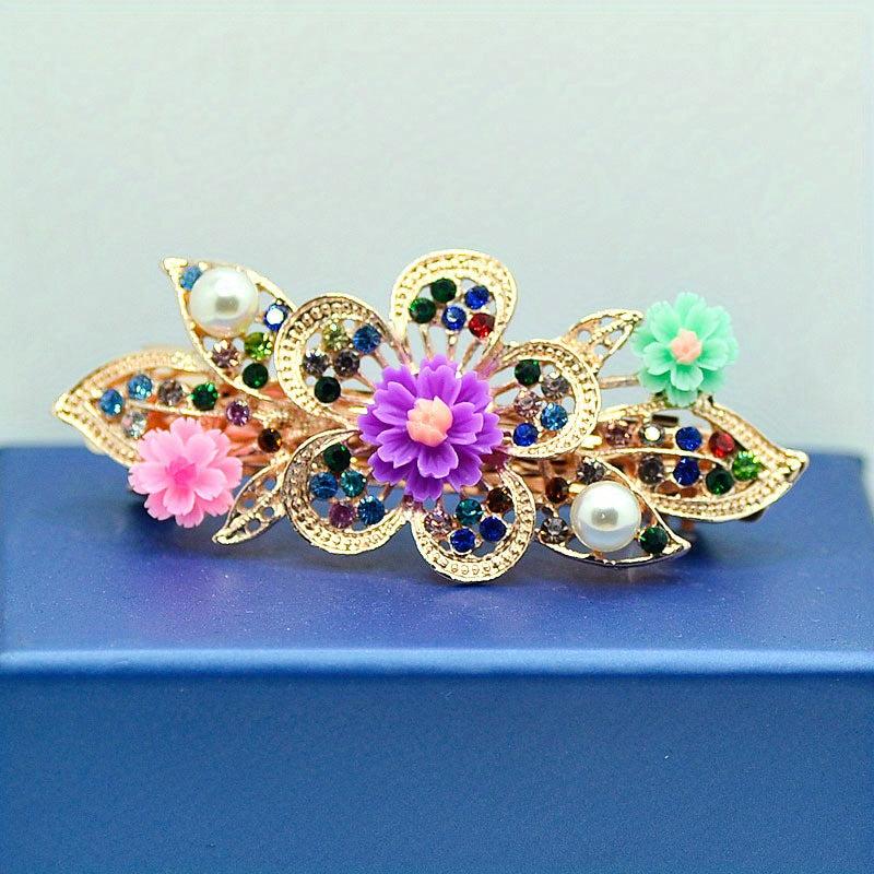 Colorful Flower Girls Hair Clip Barrette Rhinestone Faux Pearls Decor Hairpin