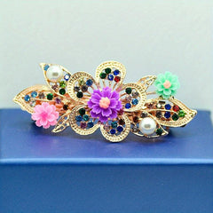Colorful Flower Girls Hair Clip Barrette Rhinestone Faux Pearls Decor Hairpin