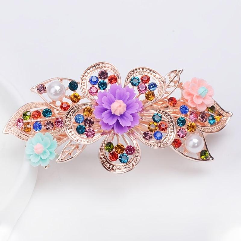 Colorful Flower Girls Hair Clip Barrette Rhinestone Faux Pearls Decor Hairpin