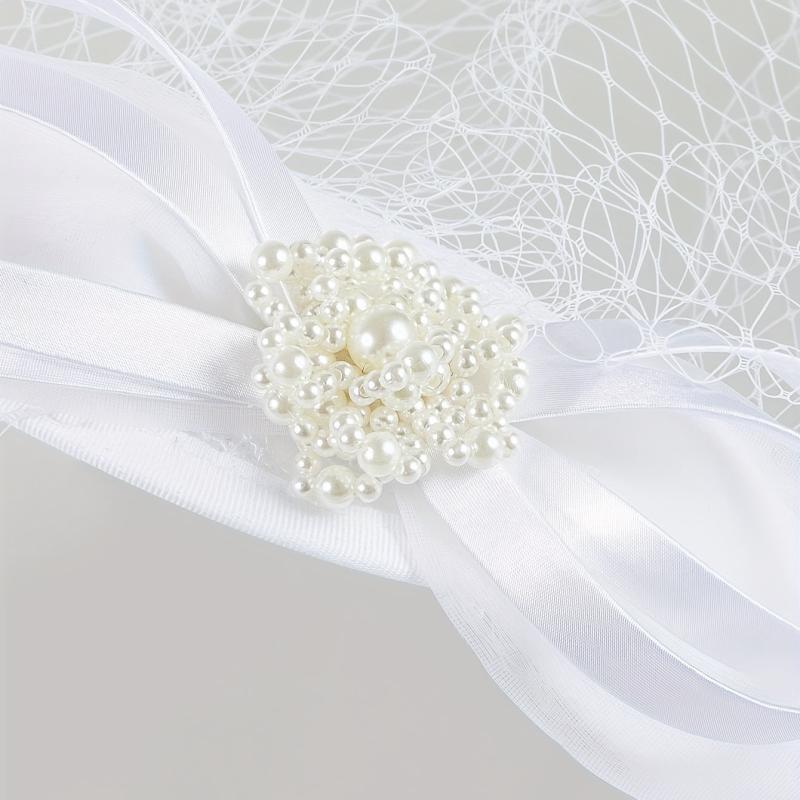 Women Satin Bowknot Head Piece With Duck Billed Clip Faux Pearl Hair Accessory