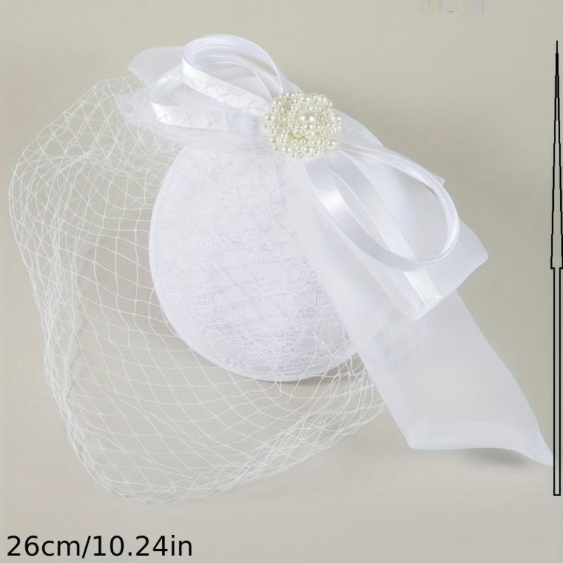 Women Satin Bowknot Head Piece With Duck Billed Clip Faux Pearl Hair Accessory