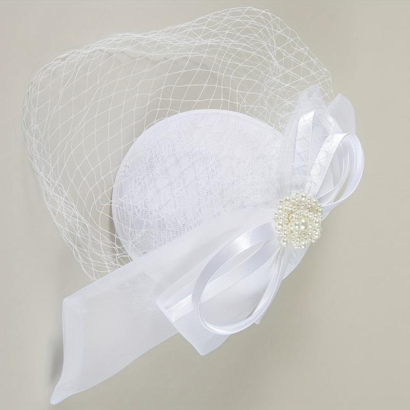 Women Satin Bowknot Head Piece With Duck Billed Clip Faux Pearl Hair Accessory