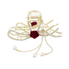 Red Rose Rhinestone Hair Claw Clip with Pearls and Tassel