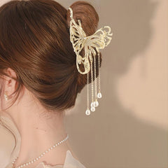 Red Rose Rhinestone Hair Claw Clip with Pearls and Tassel