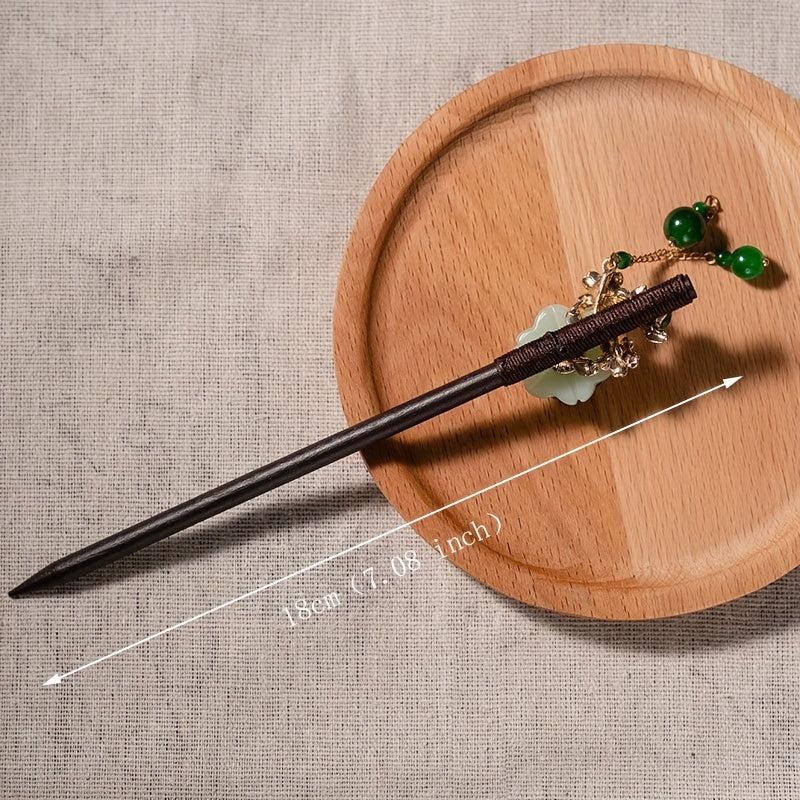 Chinese Floral Hairpin Faux Jade Pendant Wooden Hair Stick Ponytail Holder