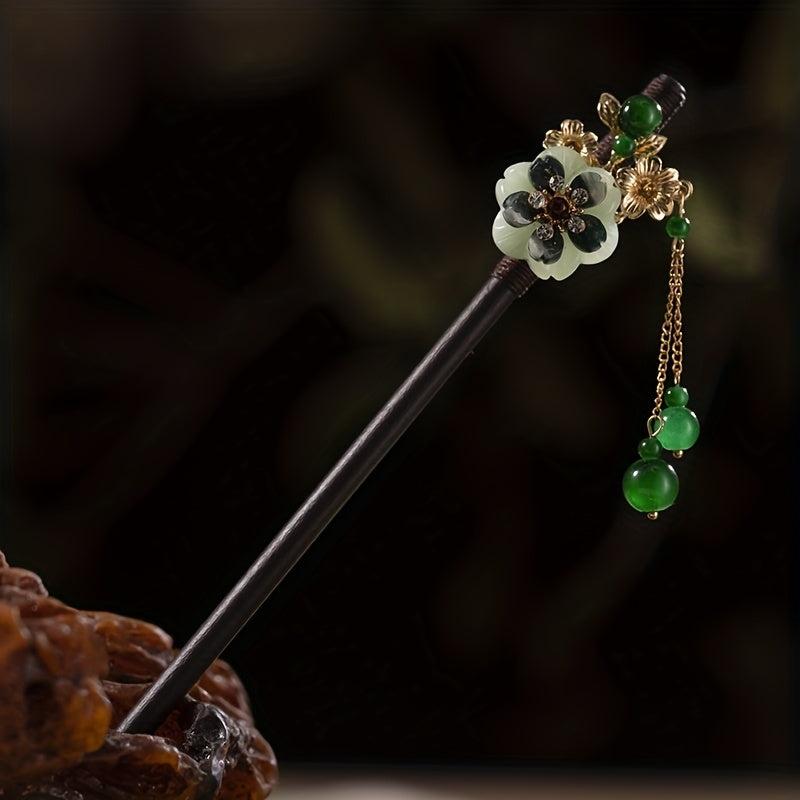 Chinese Floral Hairpin Faux Jade Pendant Wooden Hair Stick Ponytail Holder