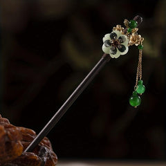 Chinese Floral Hairpin Faux Jade Pendant Wooden Hair Stick Ponytail Holder