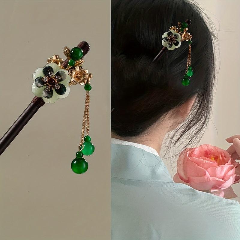 Chinese Floral Hairpin Faux Jade Pendant Wooden Hair Stick Ponytail Holder