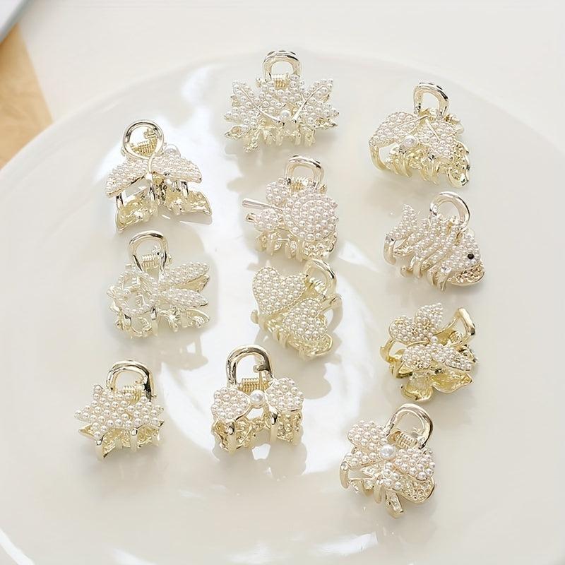 Faux Pearl Beaded Hair Claw Small Shark Claw Butterfly Flower Leaf Stars