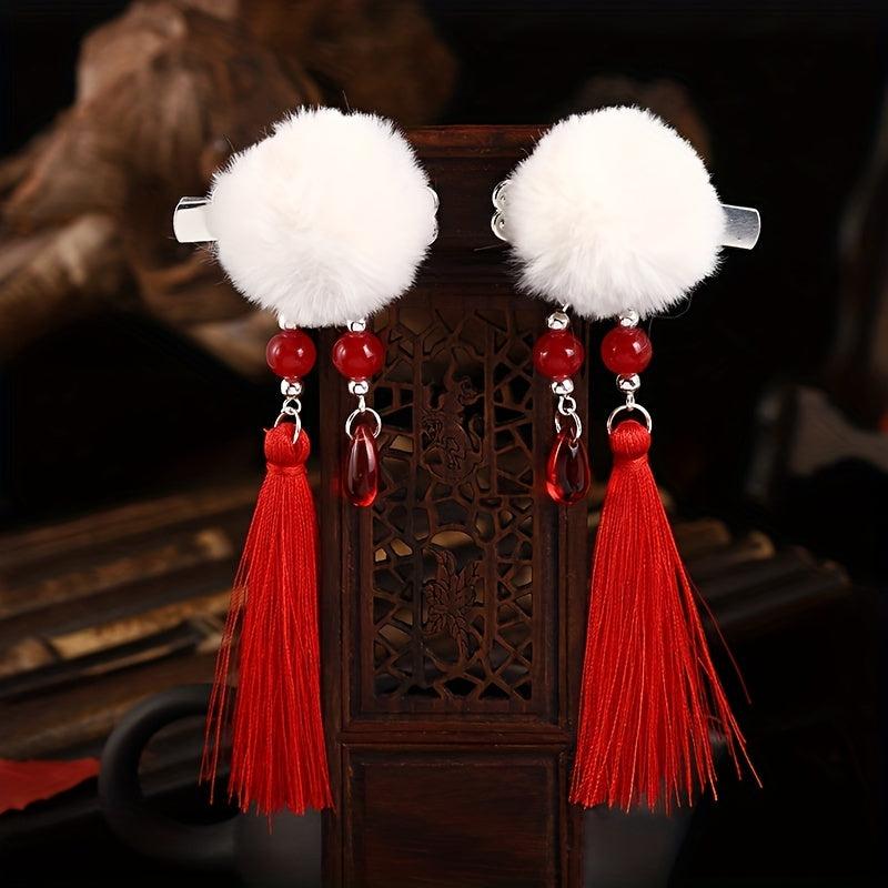 Plush Ball Hair Clip With Tassel Spring Style Hair Clip Duck Billed Clip