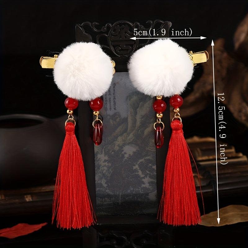 Plush Ball Hair Clip With Tassel Spring Style Hair Clip Duck Billed Clip