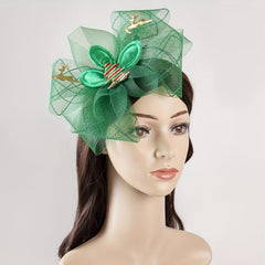 Christmas Mesh Head Piece Golden Elk Decor Green Fascinator Headband
