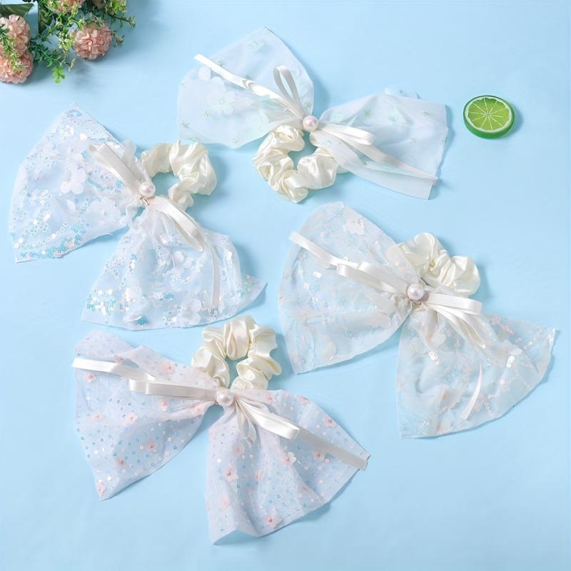 Lace Scrunchies Sequin Bow Hair Tie Faux Pearl Ribbon Bow Hair Rope