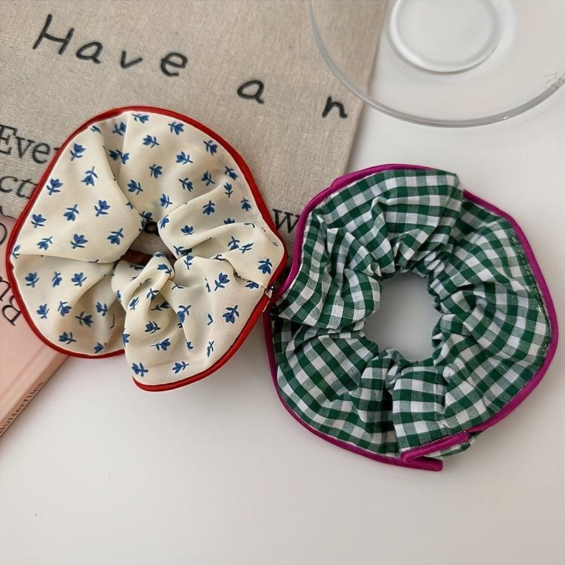 Floral Print Hair Tie Red Brim Hair Rope Sweet Ponytail Holder Women Girls