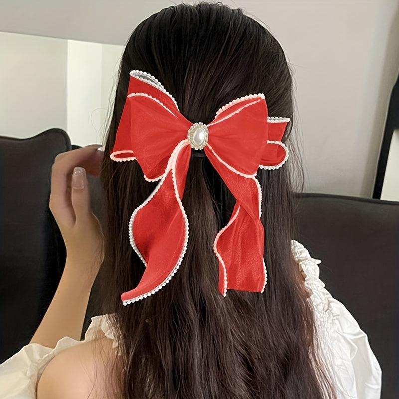 Organza Bow Hair Clip Faux Pearl Hair Clip Back Head French Barrette Head Wear