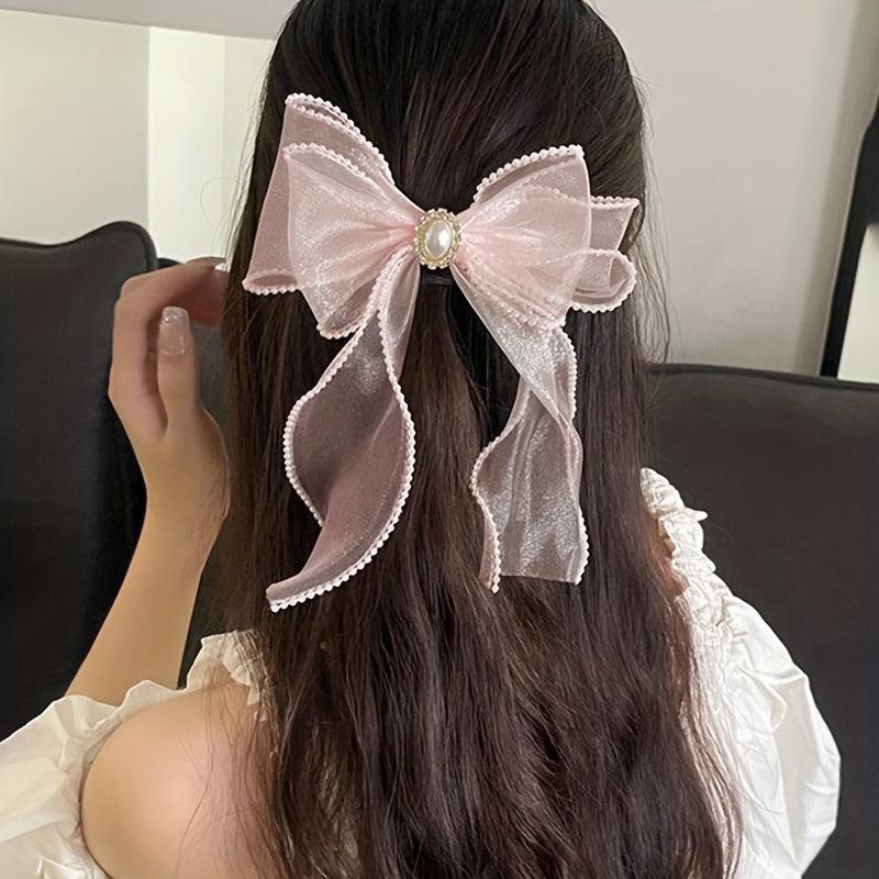 Organza Bow Hair Clip Faux Pearl Hair Clip Back Head French Barrette Head Wear