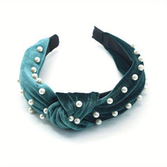 Velvet Knotted Headband with Faux Pearls