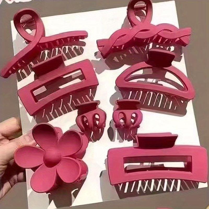 8pcs Rose Red Hair Claw Sweet Wavy Hair Clip Flower Shaped Jaw Claw
