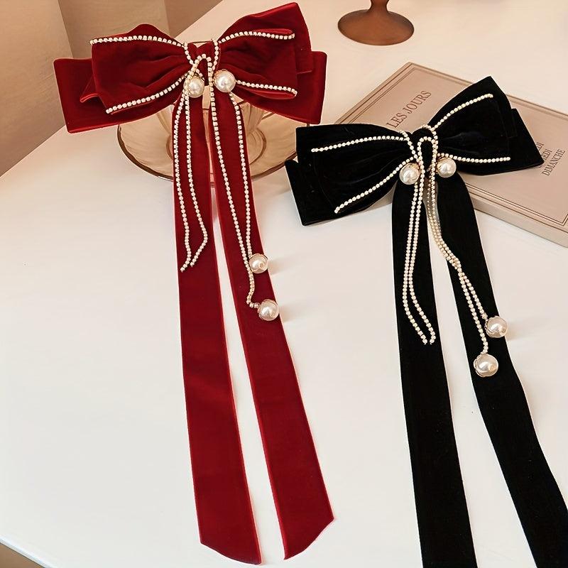 Ribbon Bow Hair Clip with Faux Pearl Tassel Barrette