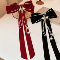Ribbon Bow Hair Clip with Faux Pearl Tassel Barrette