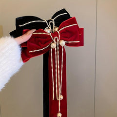 Ribbon Bow Hair Clip with Faux Pearl Tassel Barrette
