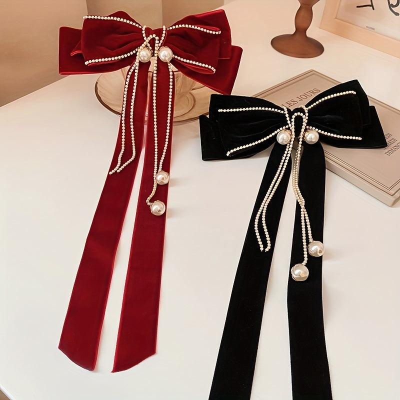 Ribbon Bow Hair Clip with Faux Pearl Tassel Barrette