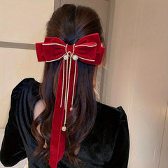 Ribbon Bow Hair Clip with Faux Pearl Tassel Barrette