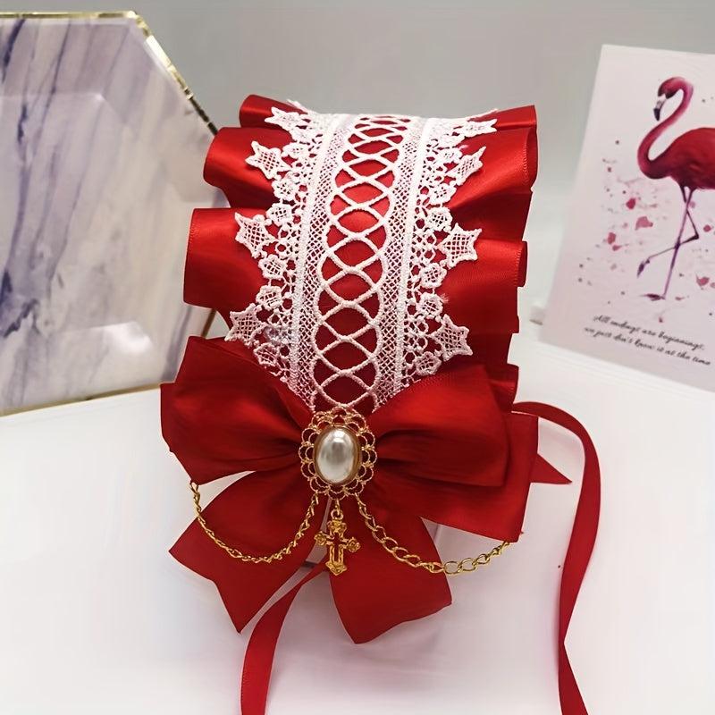 Lolita Wide Lace Headband Bow Ruffles Hair Band Faux Pearl Chain Cross