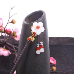 Vintage Red Flower Beaded Wooden Hairpin Women's Hair Fork Accessories