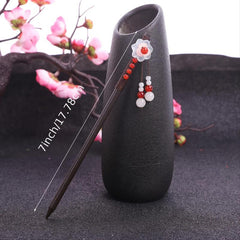 Vintage Red Flower Beaded Wooden Hairpin Women's Hair Fork Accessories