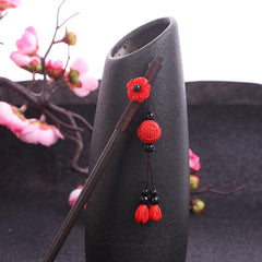 Vintage Red Flower Beaded Wooden Hairpin Women's Hair Fork Accessories