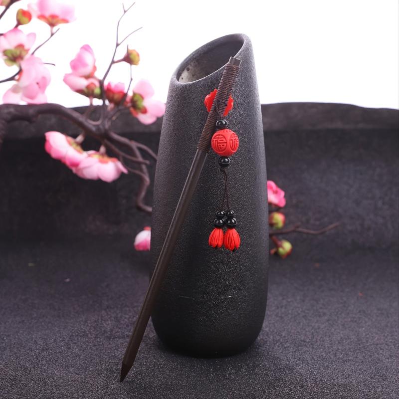 Vintage Red Flower Beaded Wooden Hairpin Women's Hair Fork Accessories